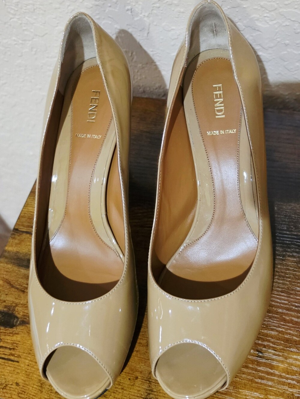 Fendi Women's Patent Leather Peep-Toe Pumps in Beige